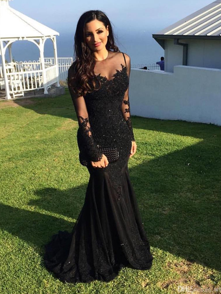 Long Sleeves Black Mermaid Lace Prom ...